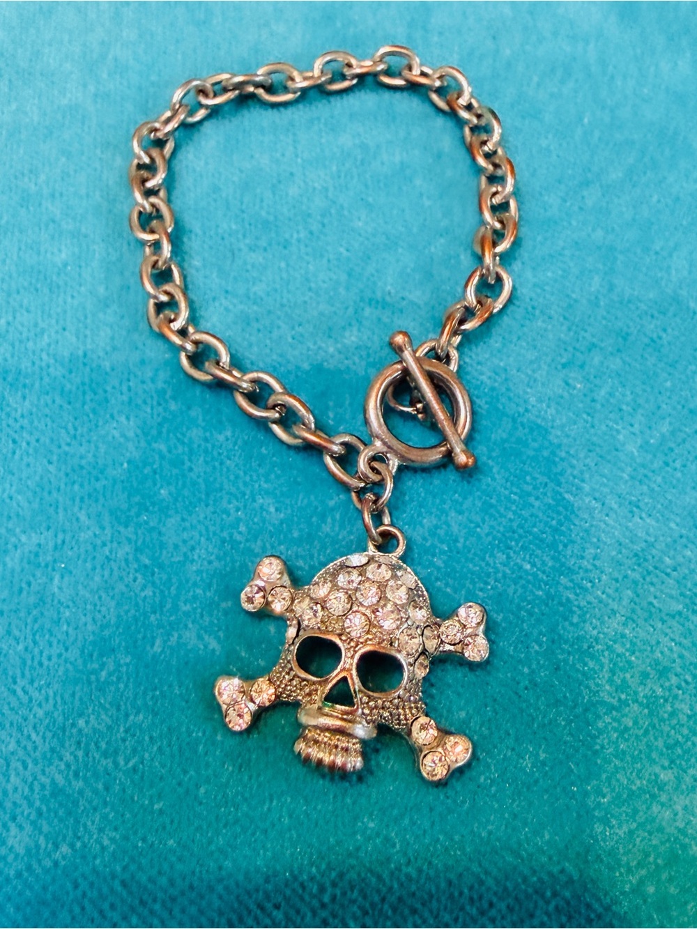 Crystal Skull and Crossbones Charm Bracelet - Silver Tone